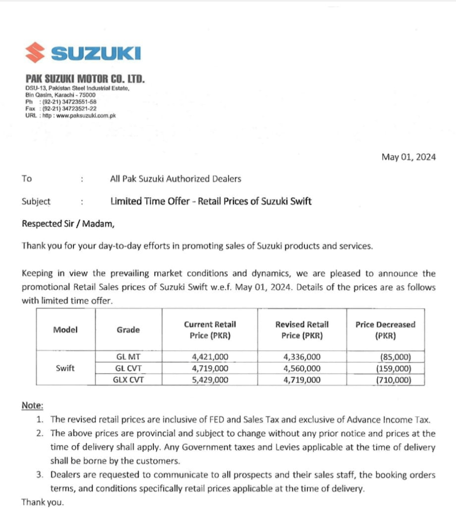 Pak Suzuki Announces Limited Time Price Reductions for Swift Variants